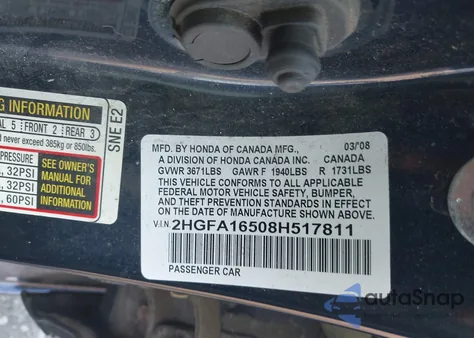 2008 Honda Civic Lx from USA, damaged, VIN 2HGFA16508H517811